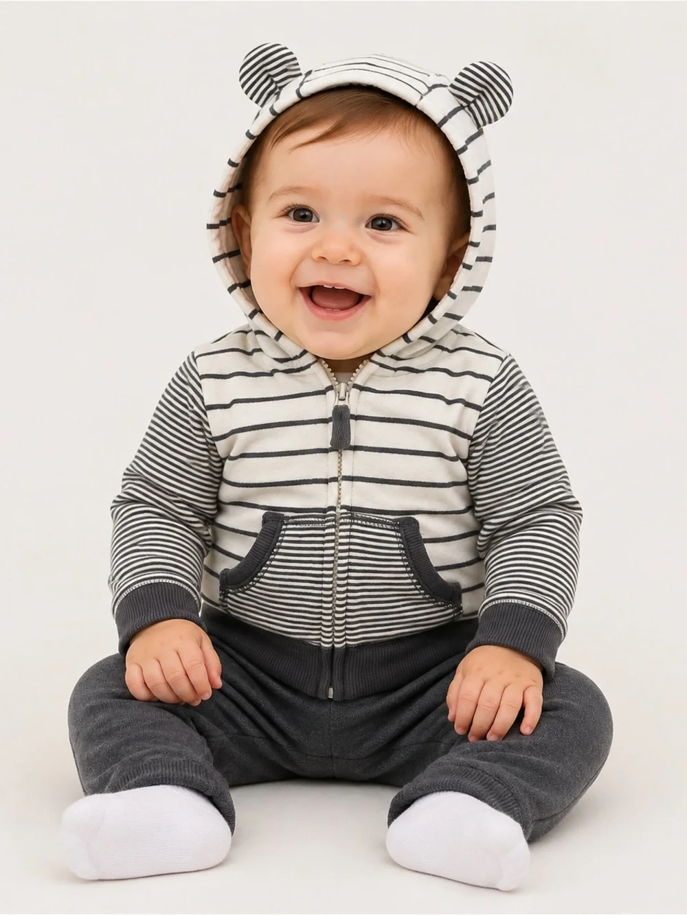 Carter’s Baby Boy 6M Striped Fleece-Lined Bear Ear Zip Hoodie